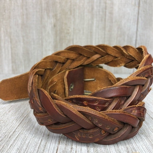 Brown Leather Braided Floral Stamped Belt main image 6